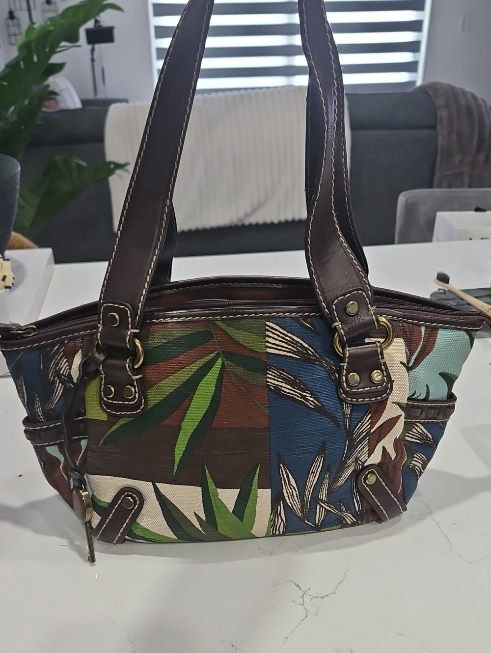Fossil Tropical Patchwork Canvas Shoulder Bag - Brown Leather Trim